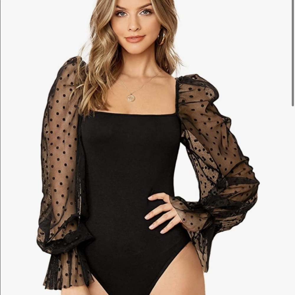 Black Polka Dot Mesh Long Sleeve Body Suit